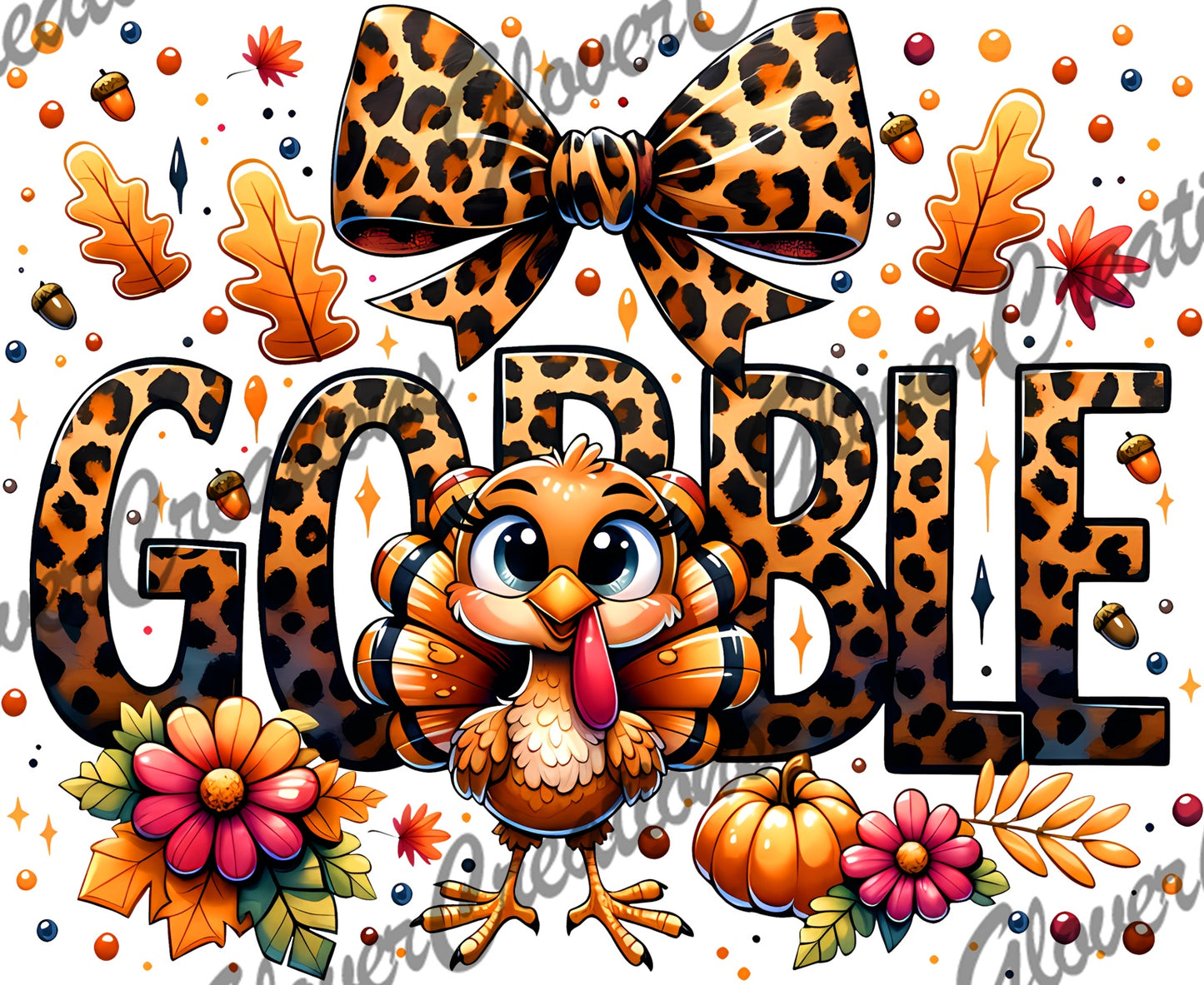 Gobble turkey leopard print bow fall heat transfer design