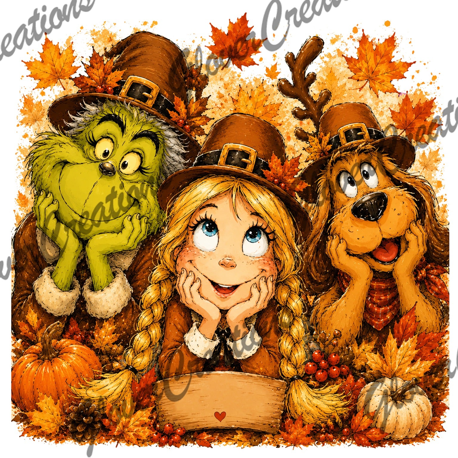 Green grouch golden girl and dog Thanksgiving design