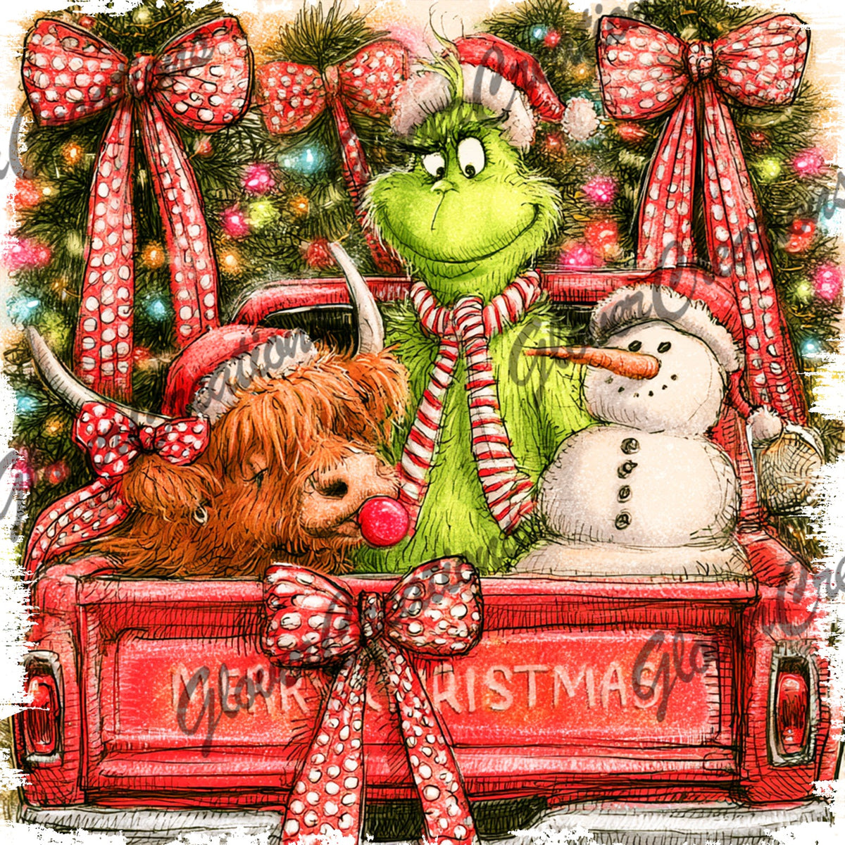 Holiday Green Character Highland Cow & Snowman Direct to Film Ready to Press Heat Transfers