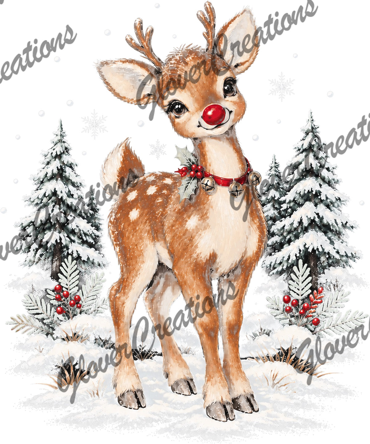 Red-Nosed Reindeer in Snowy Evergreen Forest Direct to Film Ready to Press Heat Transfers