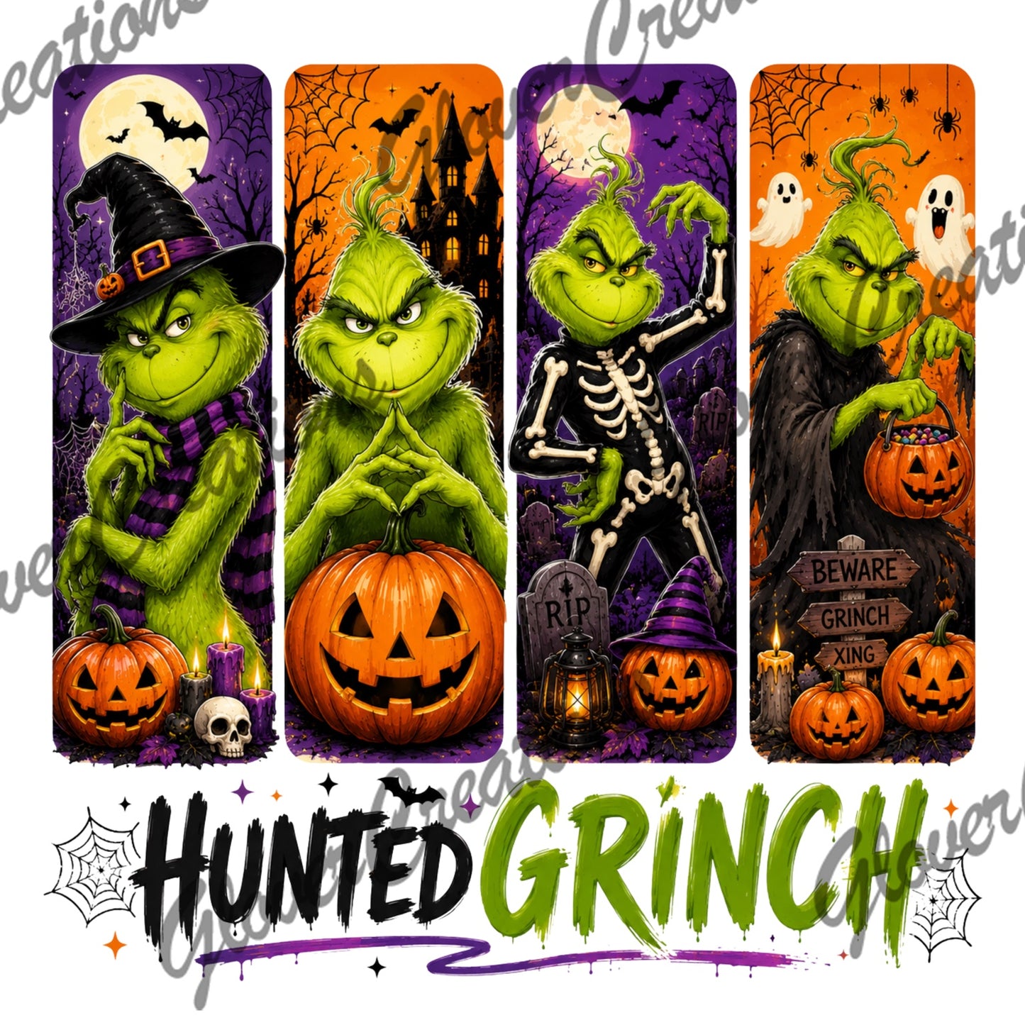 Hunted green grouch Halloween panels heat transfer design