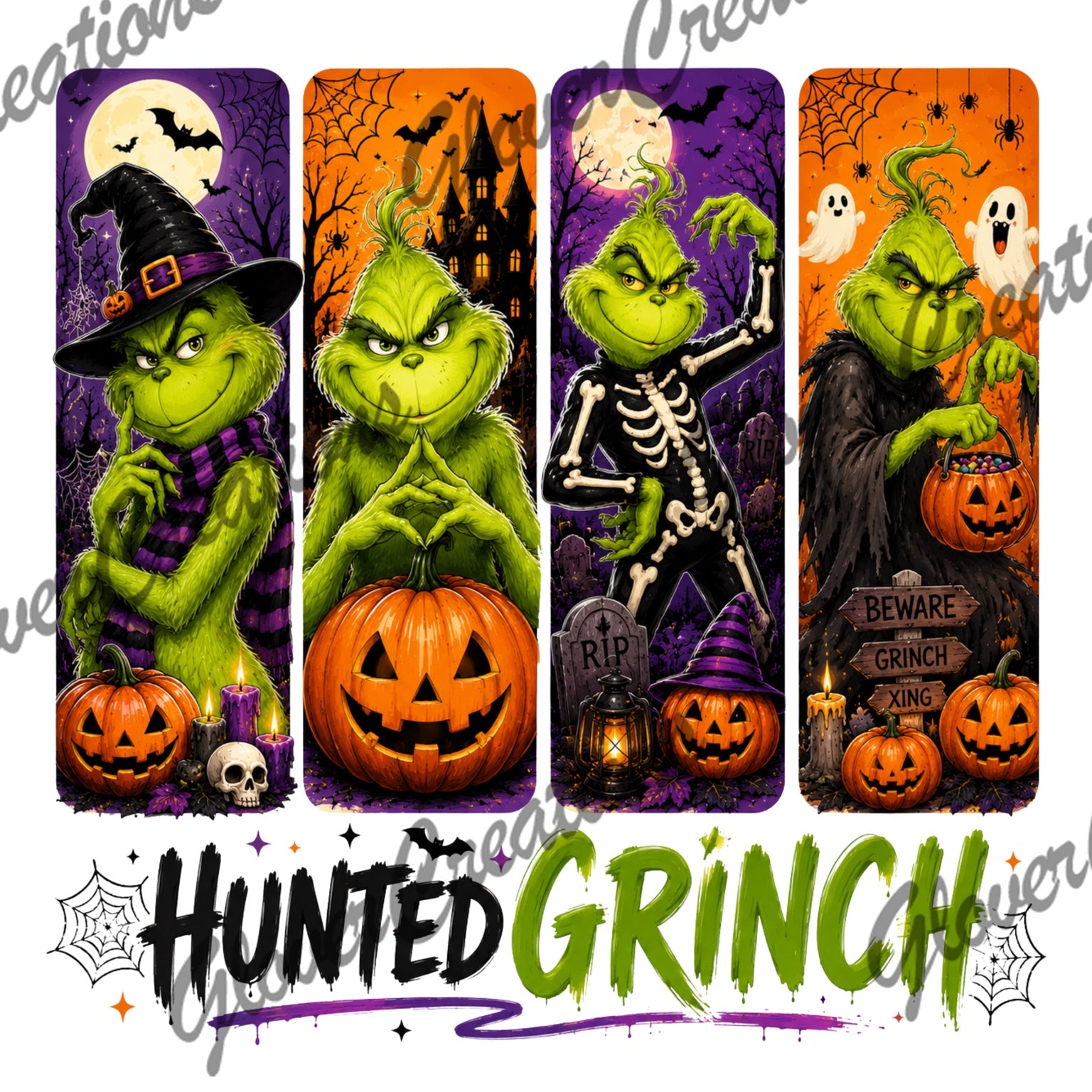 Hunted green grouch Halloween panels heat transfer design