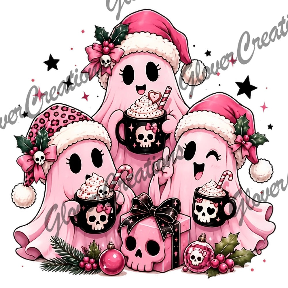 Pink Christmas Ghosts with Skull Cocoa Mugs Direct to Film Ready to Press Heat Transfers