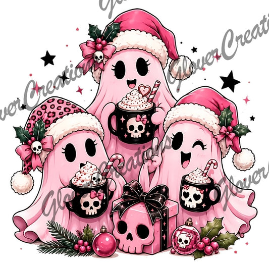 Pink Christmas Ghosts with Skull Cocoa Mugs Direct to Film Ready to Press Heat Transfers