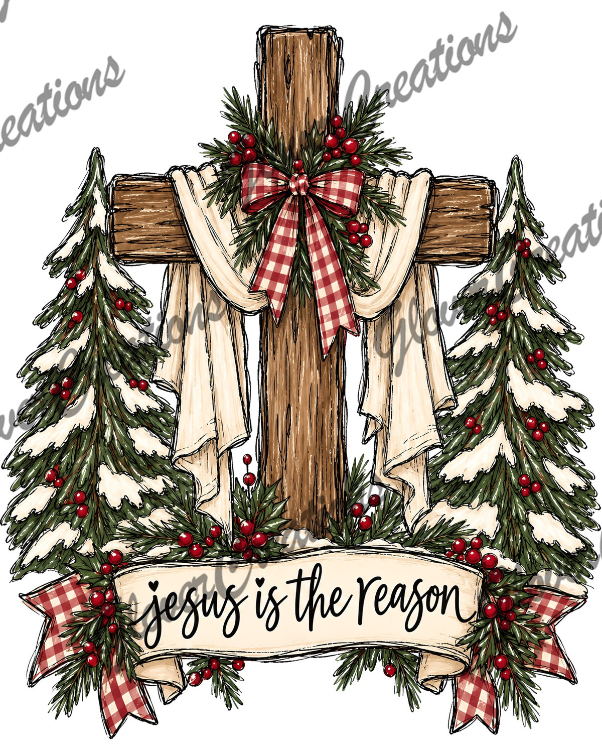 Jesus Is the Reason Christmas Cross with Plaid Bow Direct to Film Ready to Press Heat Transfers