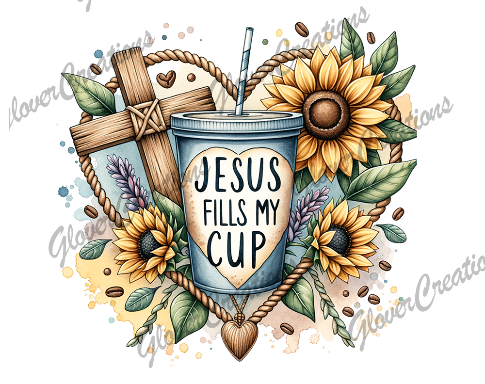 Jesus Fills My Cup Cross and Sunflowers Direct to Film Ready to Press Heat Transfers