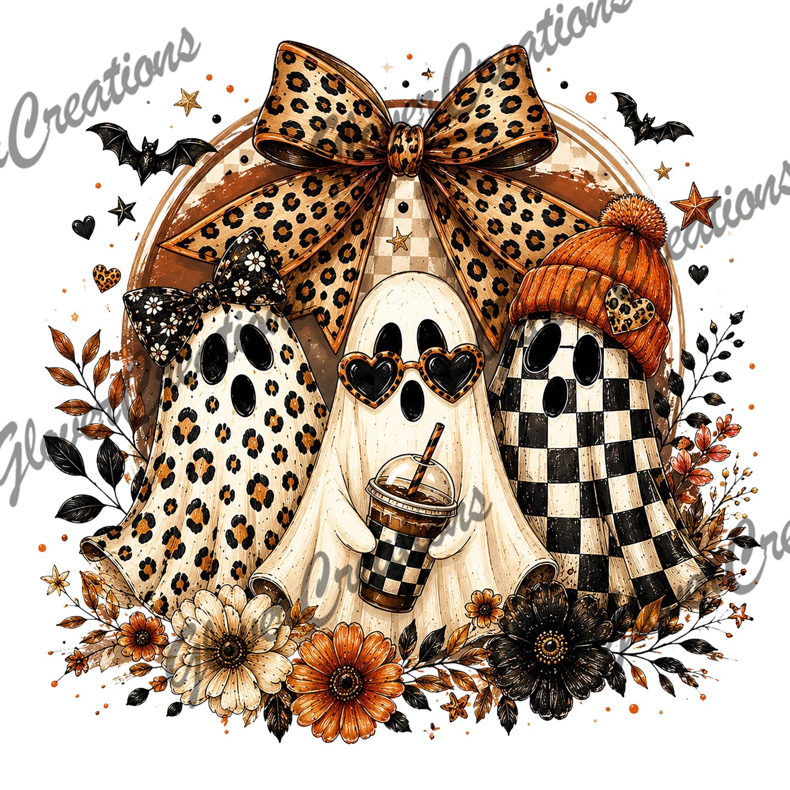 Leopard plaid ghost trio coffee bow heat transfer design
