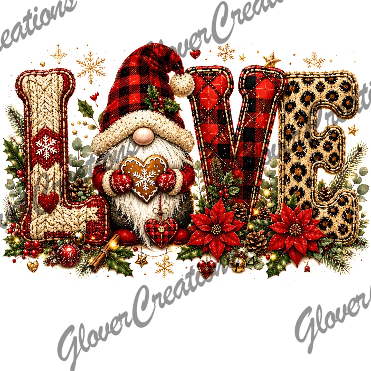 Love Christmas gnome plaid leopard poinsettia design