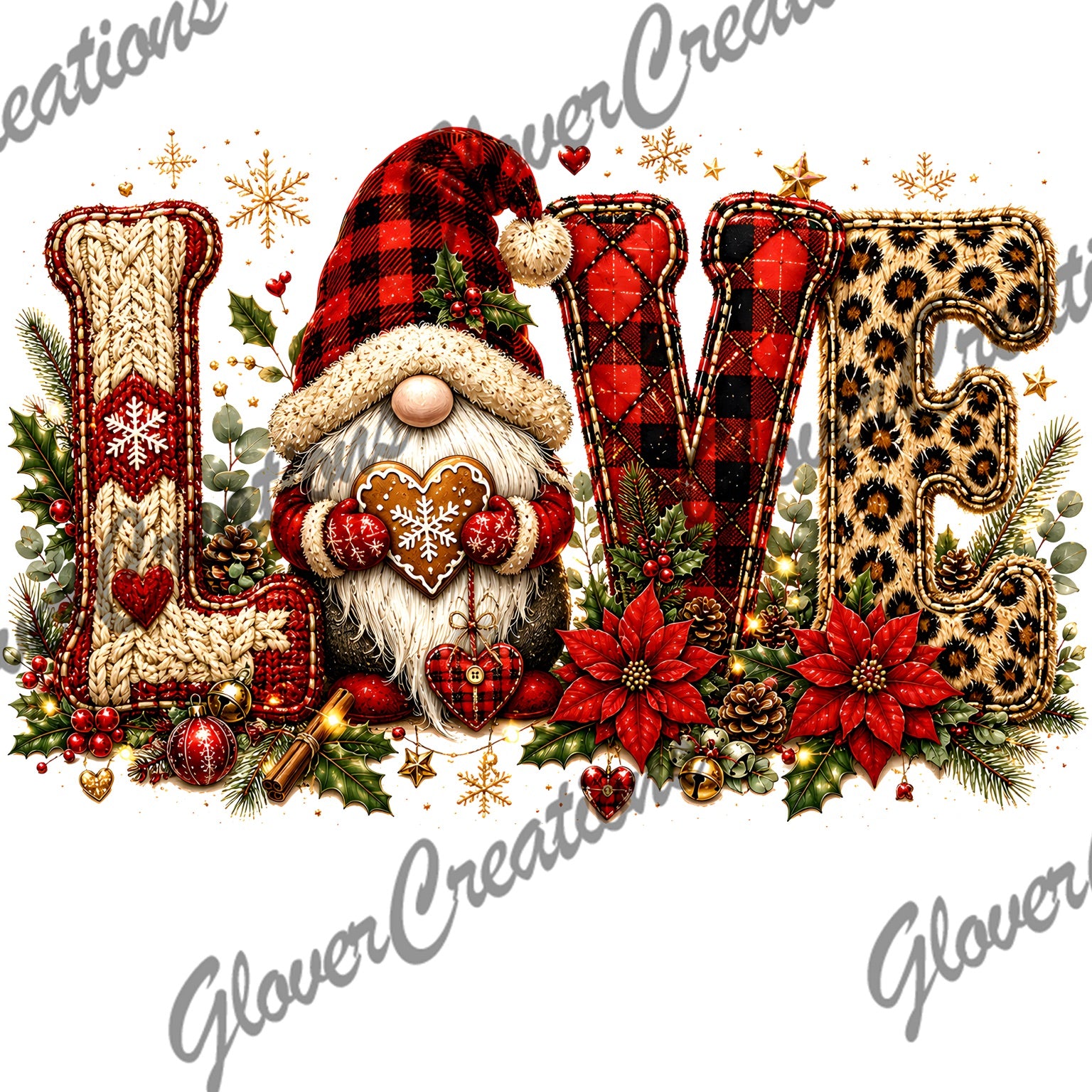 Love Christmas gnome plaid leopard poinsettia design