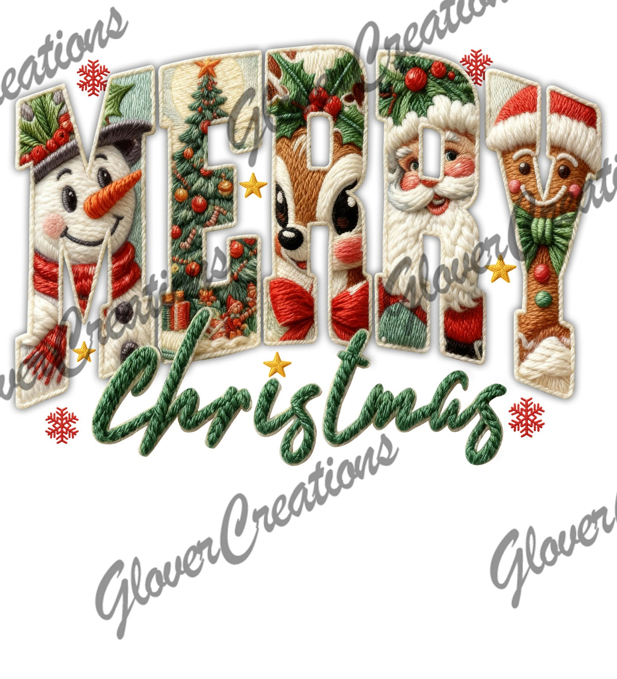 Merry Christmas Faux Embroidery Holiday Characters Direct to Film Ready to Press Heat Transfers