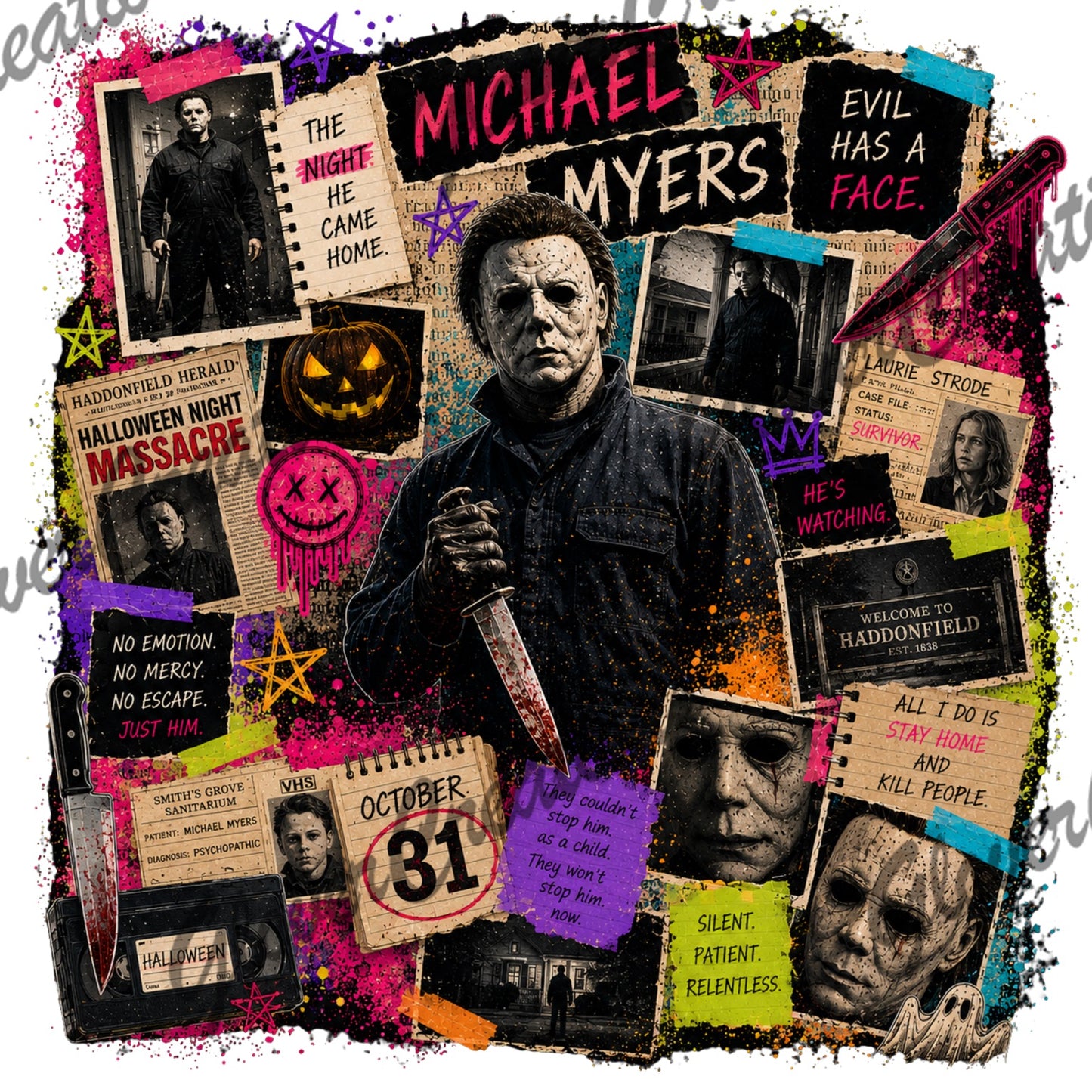 Masked slasher Halloween night neon scrapbook design