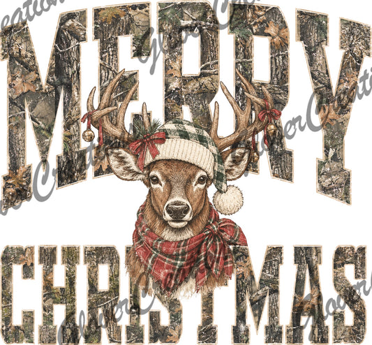 Merry Christmas Camo Deer with Plaid Hat & Scarf Direct to Film Ready to Press Heat Transfers