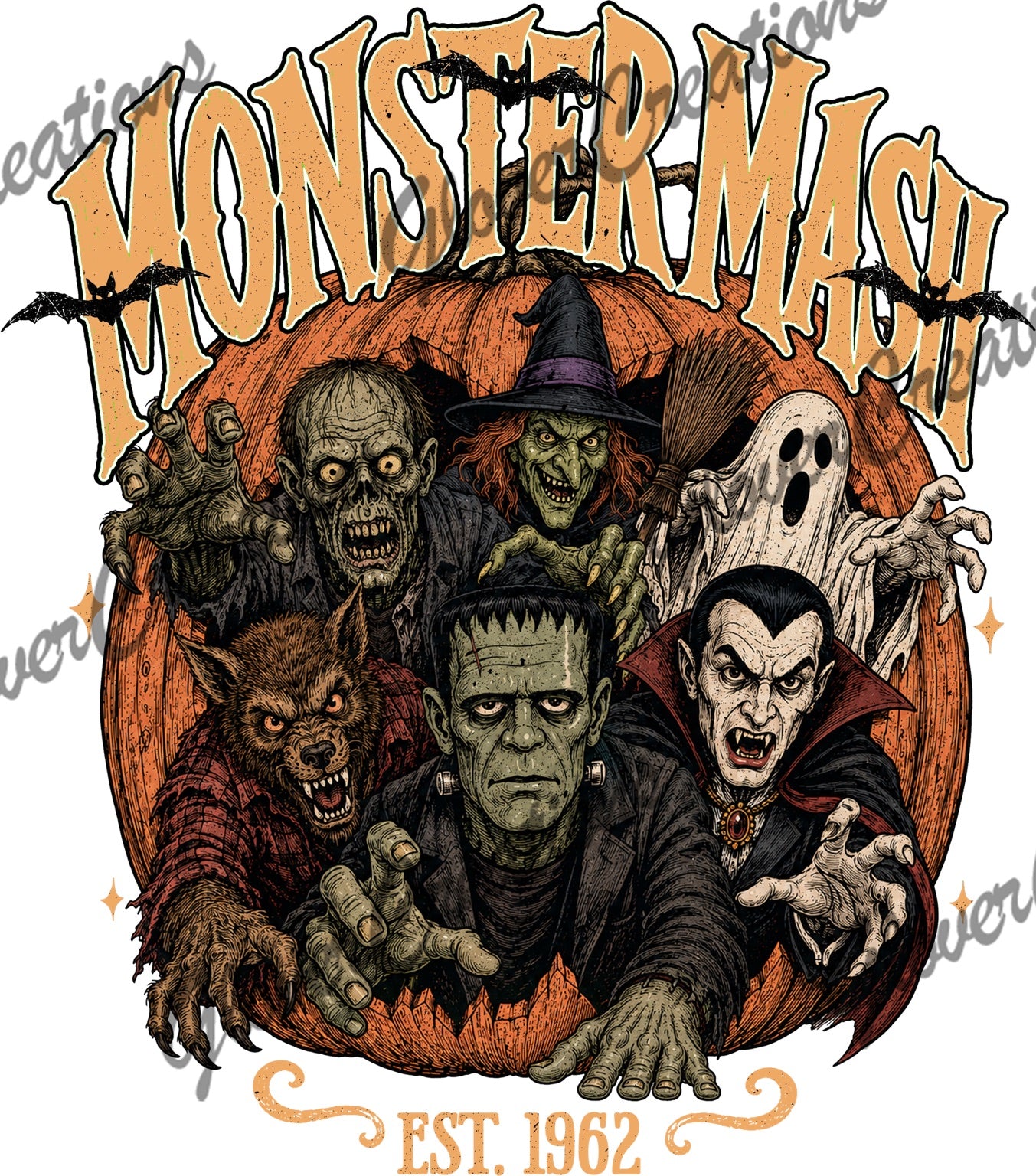 Monster mash classic horror creature group Halloween design