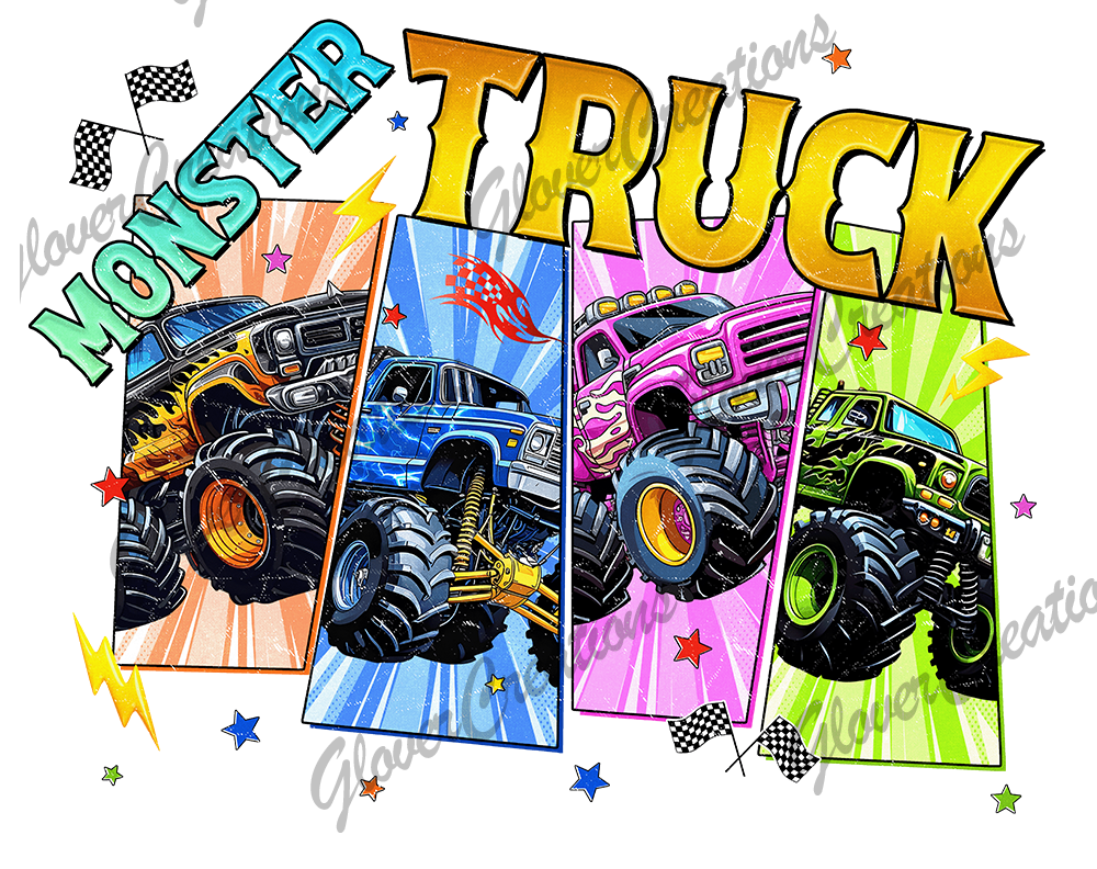 8 Inch Child Size Monster Trucks Direct to Film Ready to Press Heat Transfers
