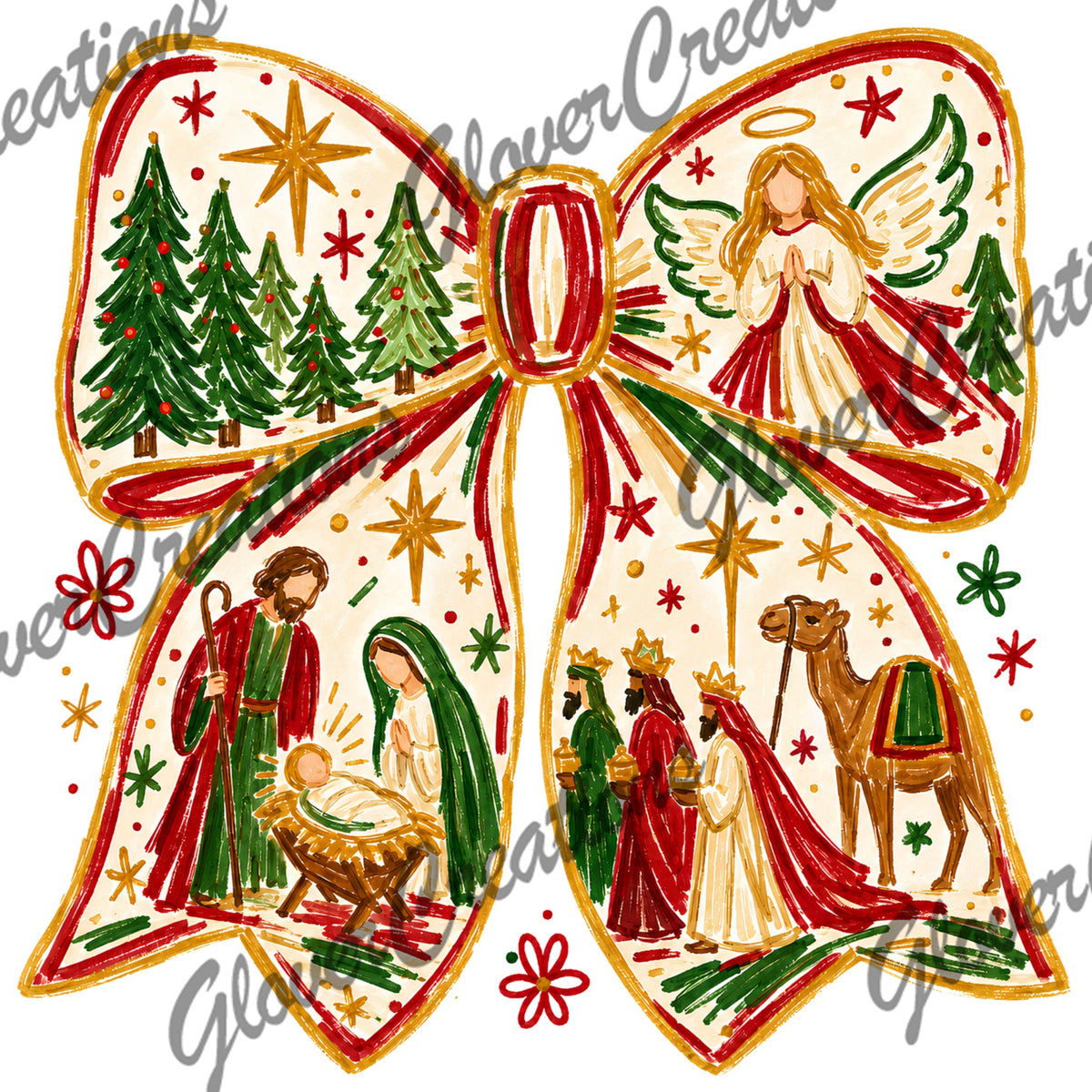 Red & Green Nativity Christmas Bow Direct to Film Ready to Press Heat Transfers