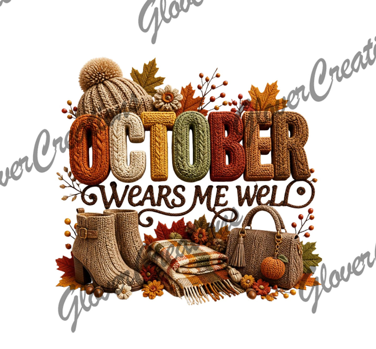 October Wears Me Well Cozy Fall Knit Accessories Direct to Film Ready to Press Heat Transfers