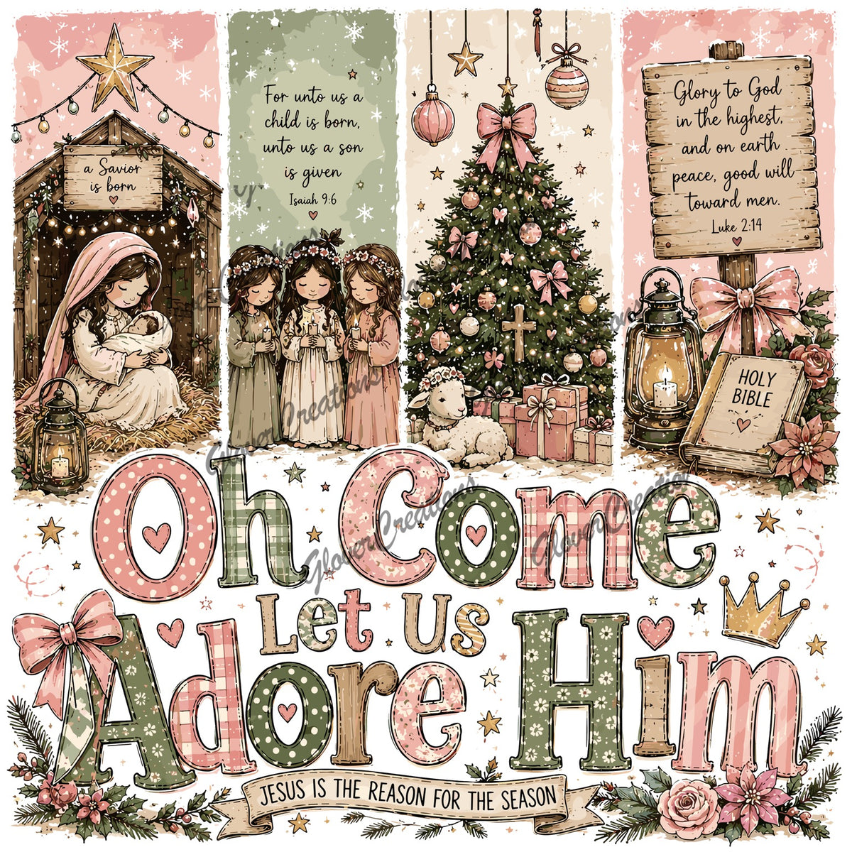 Oh Come Let Us Adore Him Pink & Sage Nativity Direct to Film Ready to Press Heat Transfers
