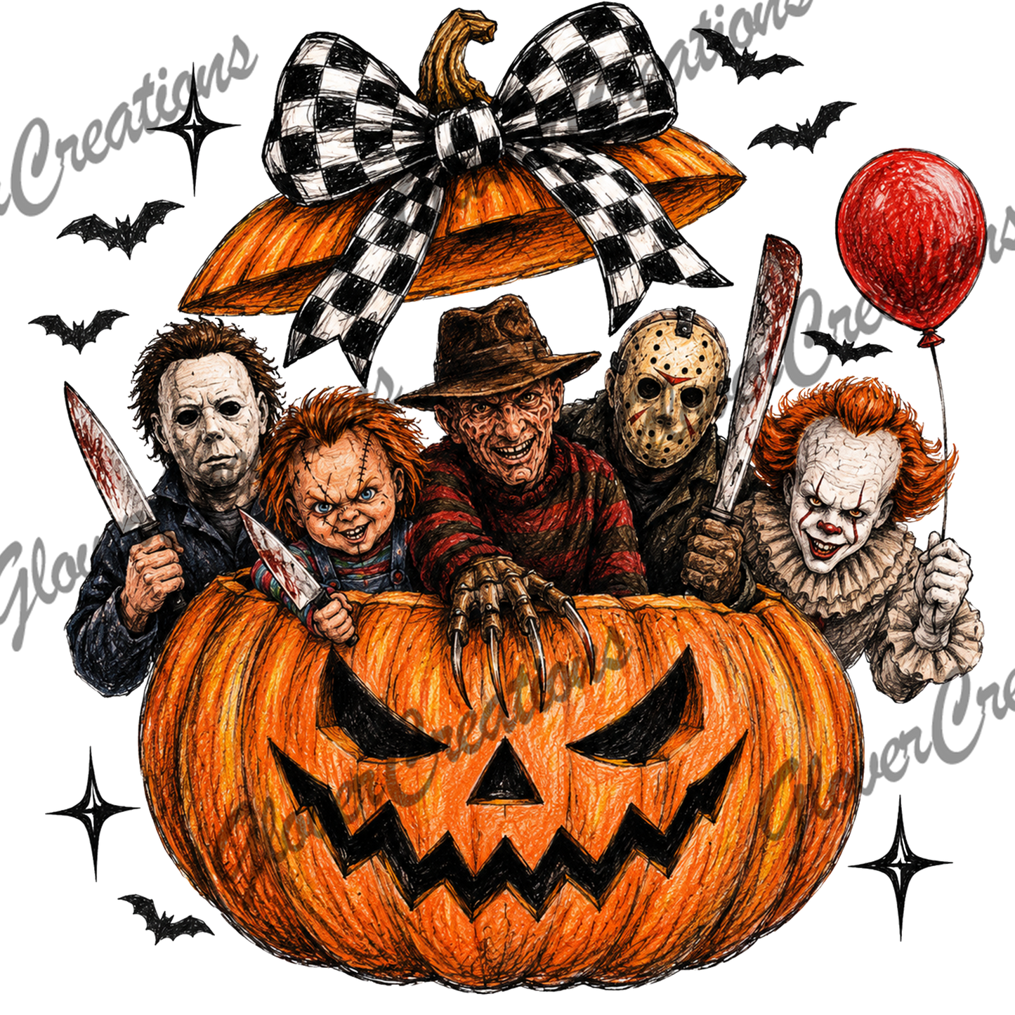 Horror Characters in a Pumpkin Direct to Film Ready to Press Heat Transfers
