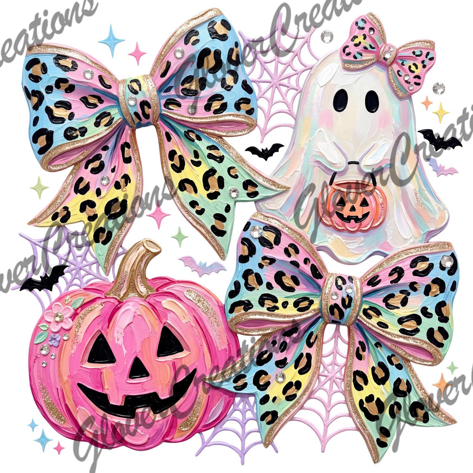 Pastel leopard bows ghost and pink pumpkin Halloween heat transfer design