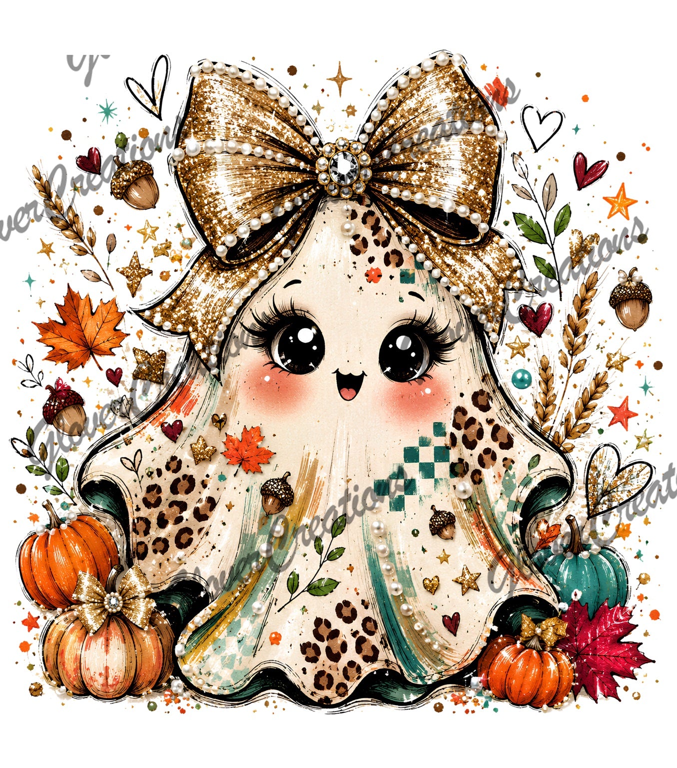 Pearl bow patchwork ghost autumn pumpkins heat transfer design