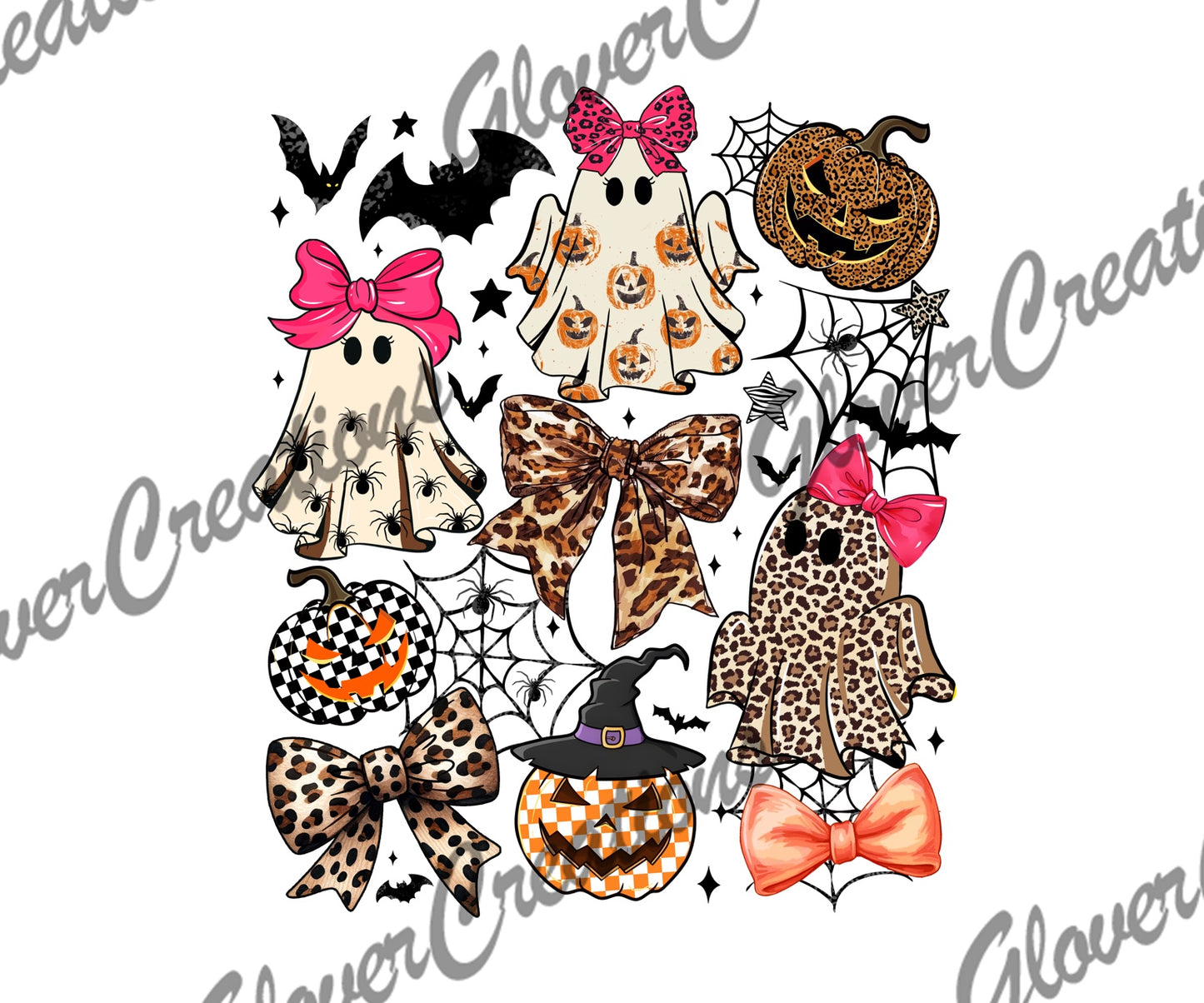 Pink bows leopard ghosts and pumpkins Halloween collage design