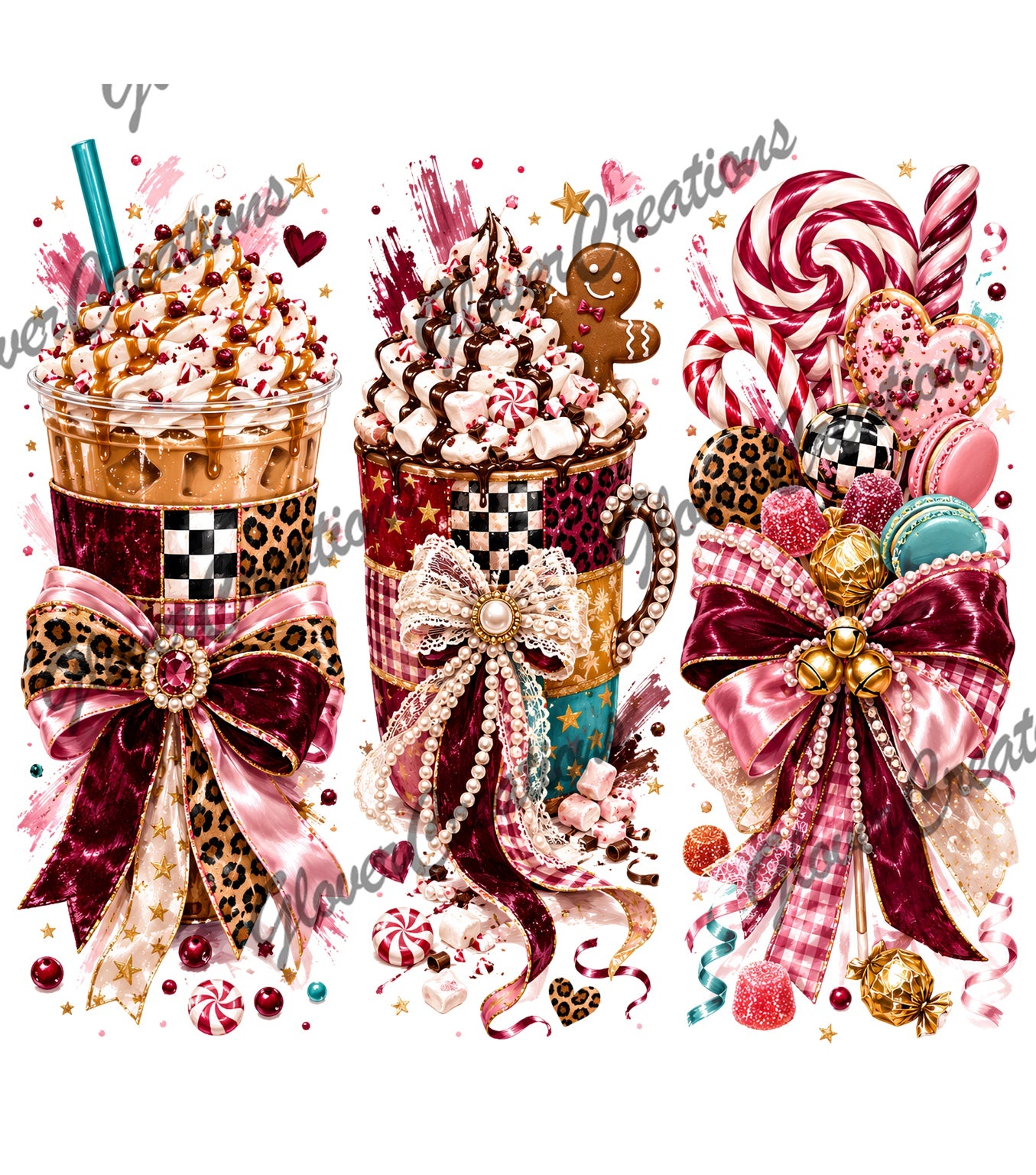 Pink patchwork holiday drinks candy and bows design