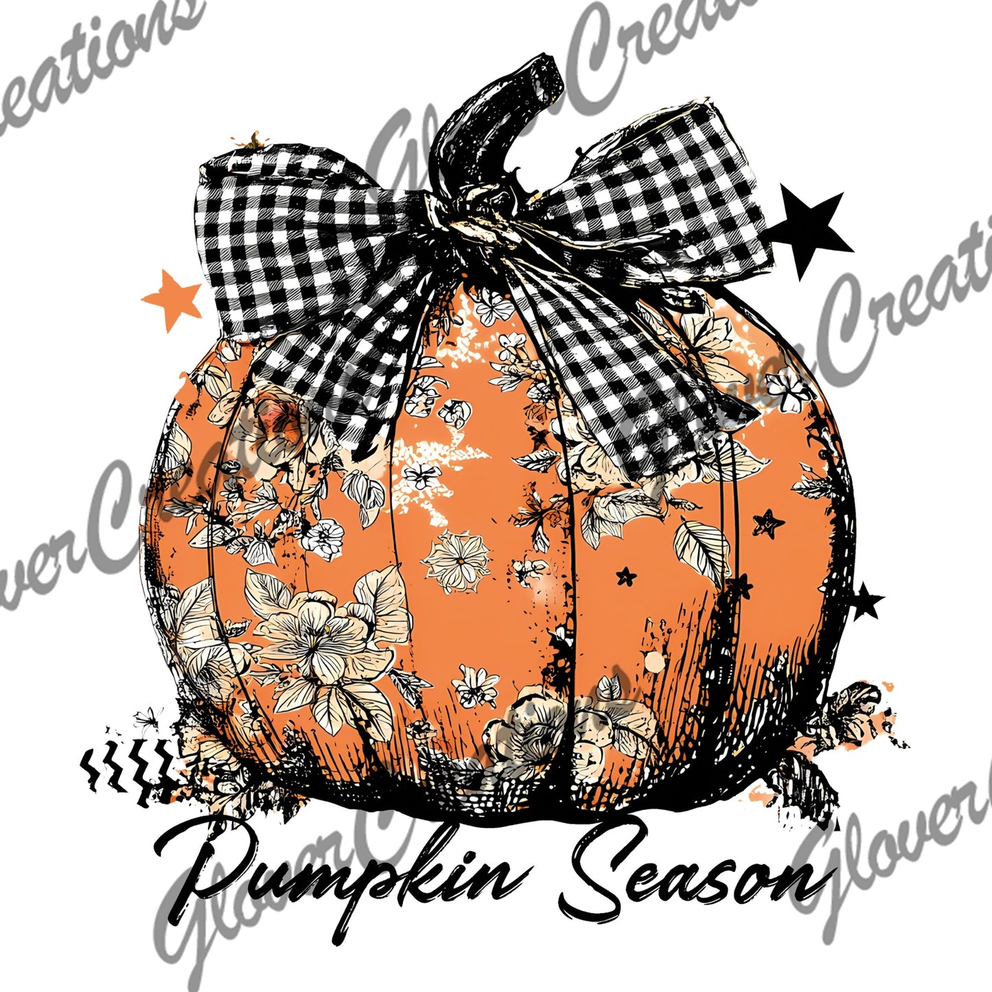 Pumpkin season floral pumpkin gingham bow heat transfer design