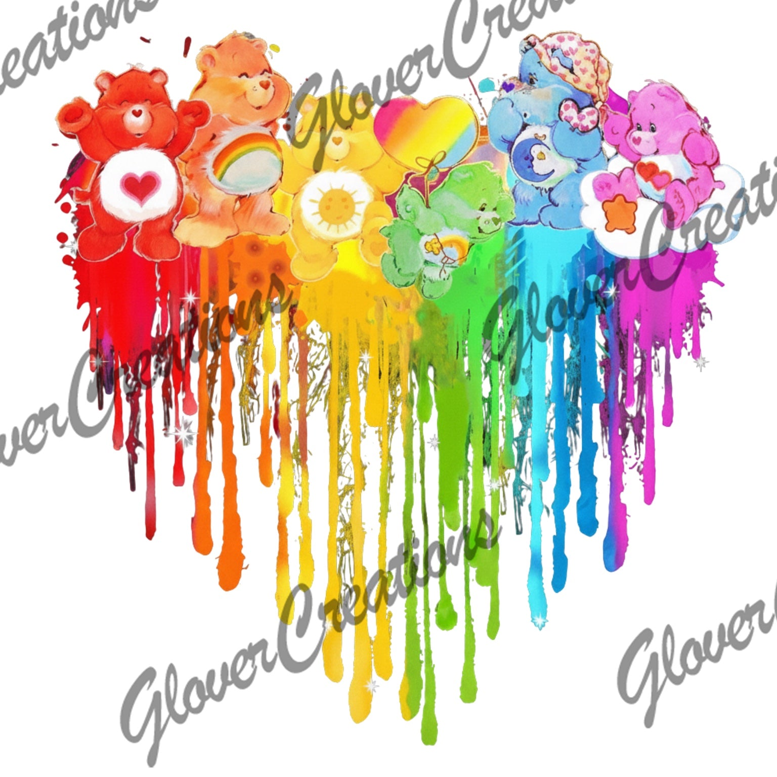 Rainbow caring bear friends paint drip design