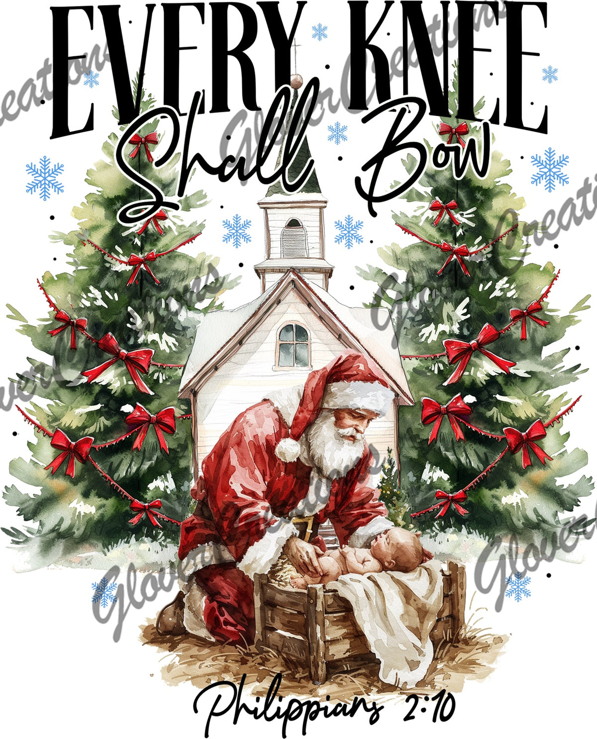 Every Knee Shall Bow Santa with Baby Jesus Direct to Film Ready to Press Heat Transfers