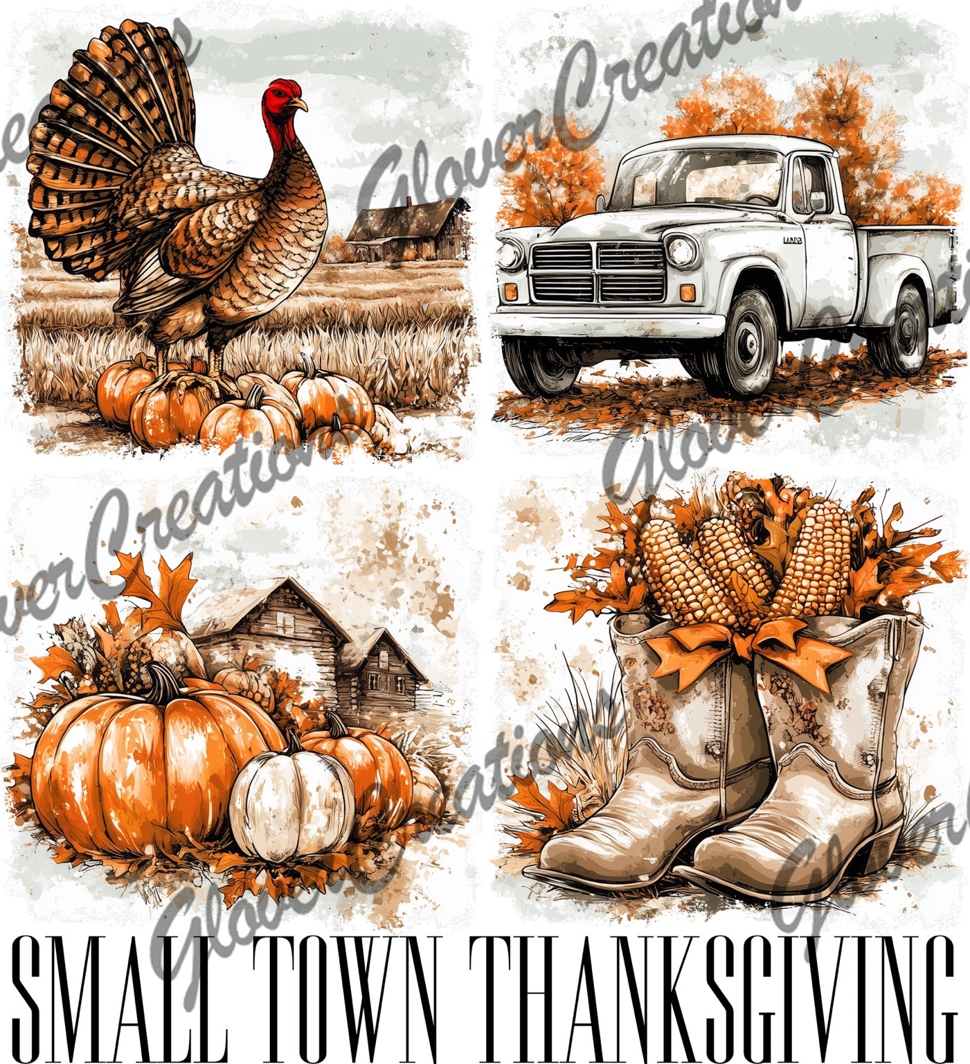Small town Thanksgiving turkey truck pumpkins and cowboy boots design