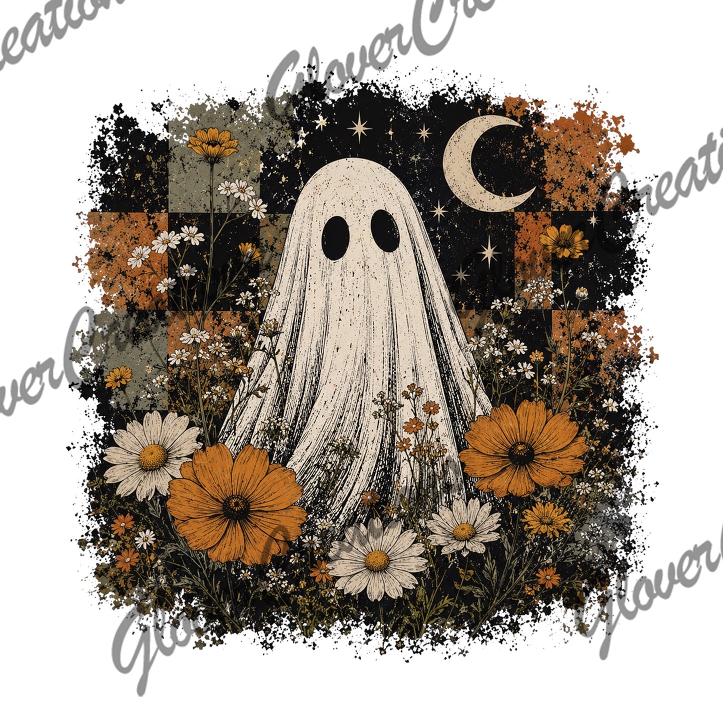Vintage floral ghost moon checkerboard design