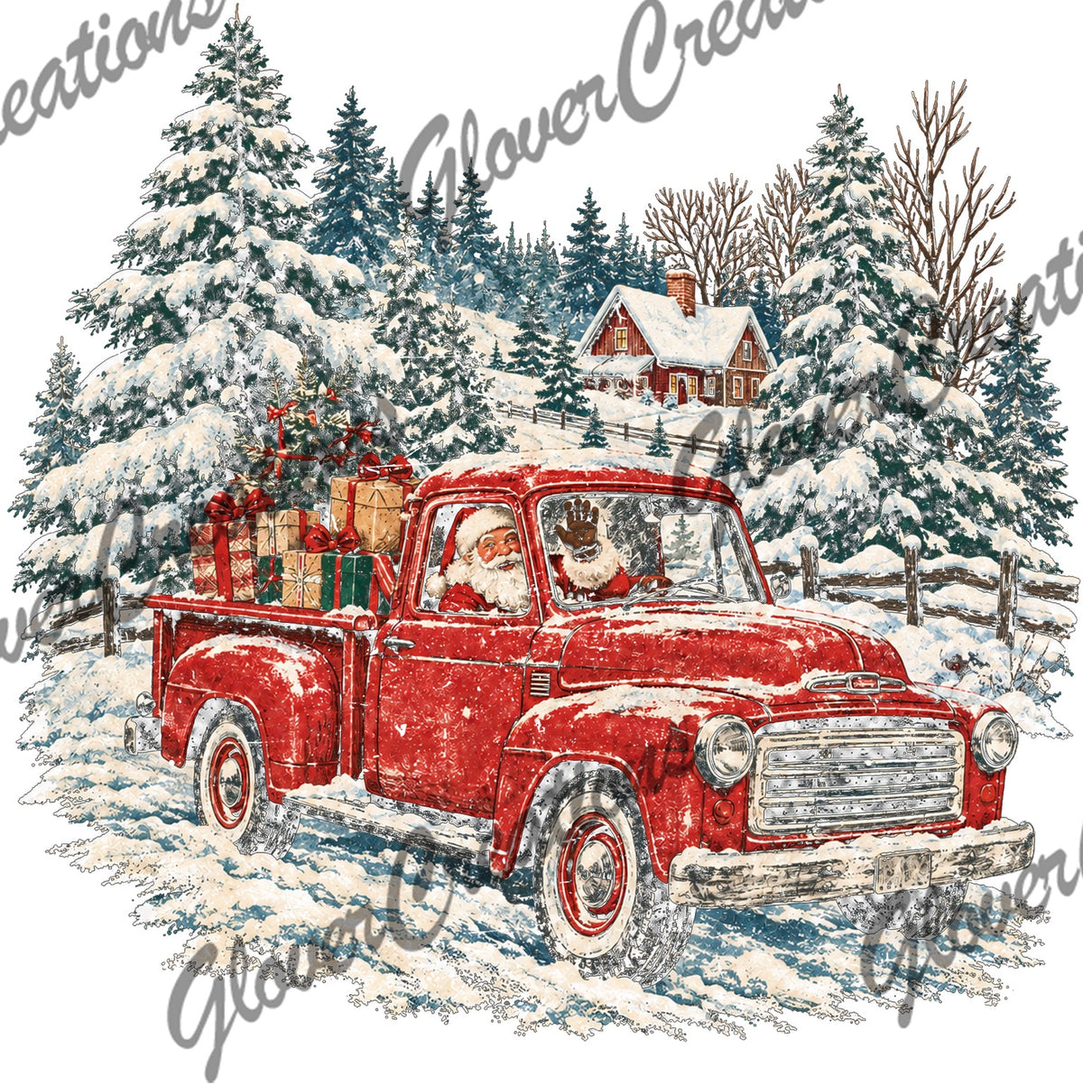 Santa Driving Vintage Red Christmas Truck Direct to Film Ready to Press Heat Transfers