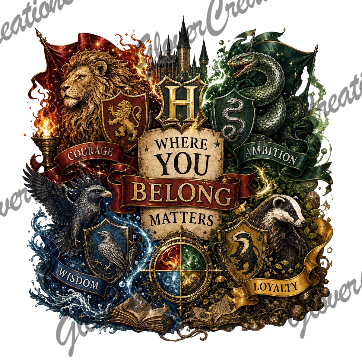 Where you belong matters fantasy house crest heat transfer design