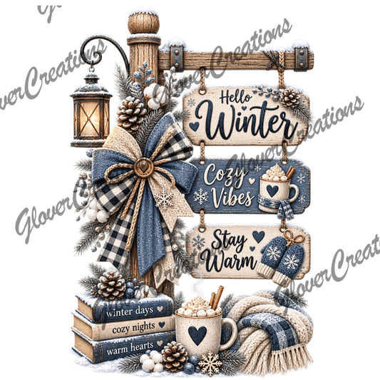 Hello Winter Cozy Vibes Wooden Signs Direct to Film Ready to Press Heat Transfers